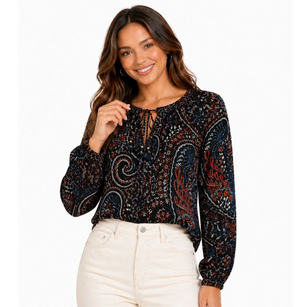 JESSICA SIMPSON Women's Black Tunic Paisley Top Size M Long Sleeve Tie Front